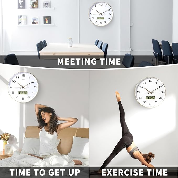 Wall Clock, 14" Large Dial Non-Ticking Silent Battery Operated Analog with LCD Display for Perpetual Calendar and F° Temperature, Ideal Modern Home, Bedroom, Office Decor (Gold)