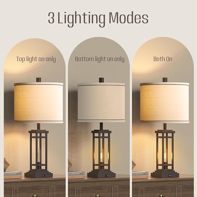 27.5 Tall Farmhouse Table Lamps with USB C + USB A Charge Ports, Rustic Living Room Lamps Set of 2, Black Industrial End Table Lamp for Bedroom Living Room Nightstand (Oil-Rubbed Bronze)