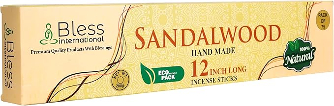 Bless-International-Sandalwood 100%-Natural-Handmade-Incense-Sticks Organic-Chemicals-Free-for-Relaxation-Positivity-Yoga-Meditation 12-Inches-1-Hour-Plus-Burning-Time-75-Sticks-7-OZ