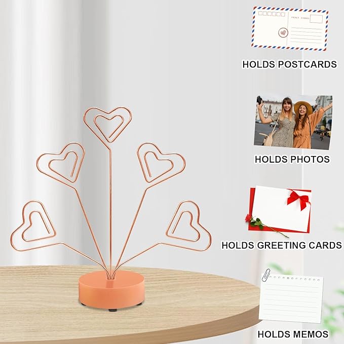 Desktop Heart-Shaped Photo Tree Style Holders Round Base,5-Branch Family Picture Frame Clips Holder Desk Card Display Stand for Christmas,Wedding, Birthday Party,Gift (Rose Gold)