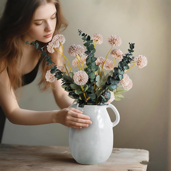 6 Artificial Silk Flowers + 3 Eucalyptus, Artificial Chrysanthemums with Stems for Home Decor, Beige