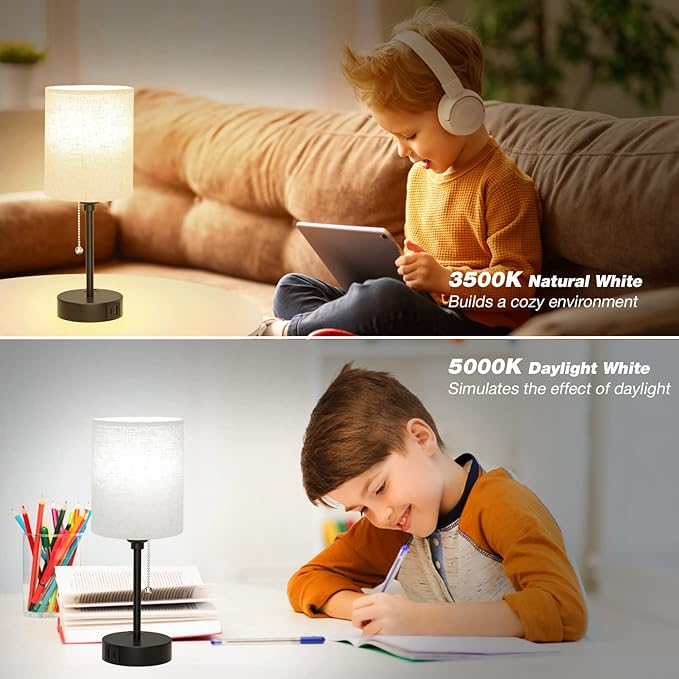 Small Bedside Lamps 3 Color Modes - Off White 3000K 4000K 5000K Bedroom Lamps with USB C and A Ports, Pull Chain Table Lamps with AC Outlet, Nightstand Lamps with Black Metal Base for Kids Reading