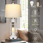 28" Vintage Table Lamps with USB C+A Ports & Outlet, Industrial Farmhouse Table Lamp for Living Room, Rustic Mid Century Modern Bedside Lamps with Nightlight & Beige Fabric Lampshade, Oil-Rubbed White
