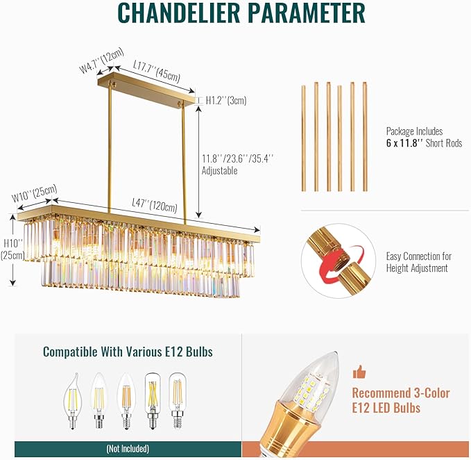 Siljoy 12-Light Modern Crystal Chandelier Gold Rectangular K9 Crystal Raindrop Chandelier, Luxury 2-Tiers Adjustable Ceiling Pendant Light Fixture for Dining Room Kitchen Island, L47'' x W10'' x H10''