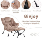 Lazy Chair and Ottoman, Large Accent Lounge Chair with Armrests and a Side Pocket, Modern Leisure Upholstered Sofa Reading Armchair with Footrest for Bedroom, Living Room, Dorm Rooms, Office