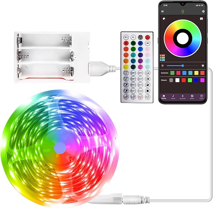 Battery Powered LED Strip Lights 25ft, Battery Operated LED Light Strip Color Changing Music Sync App Remote Control RGB USB Led Lights for TV, Room, Rope Lights