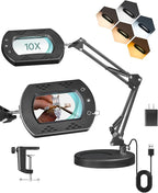 10X Round Magnifying Glass with Light and Stand, 2-in-1 LED Lighted Desk Lamp & Clamp, 5 Color Modes Stepless Dimmable, Hands-Free Magnifier Desk Lamp for Reading Craft Close Work B02DL05