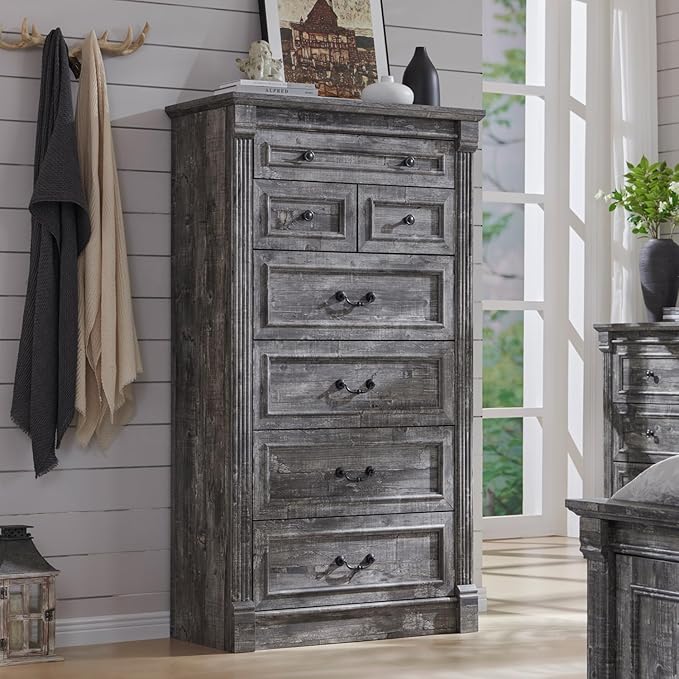 Farmhouse 7 Drawers Dresser for Bedroom, 57" Tall Large Dressers & Chests of Drawers w/Roman Column, Storage Dressers Organizer for Bedroom, Hallway, Living Room, Light Grey