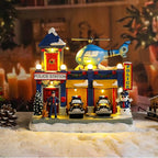 Bdor Christmas Police Station Decoration – Lighted Animated Holiday Village Scene with Helicopter and Police Cars – Plug-in Resin Christmas Tabletop Ornament – 9"x6.3"x9"