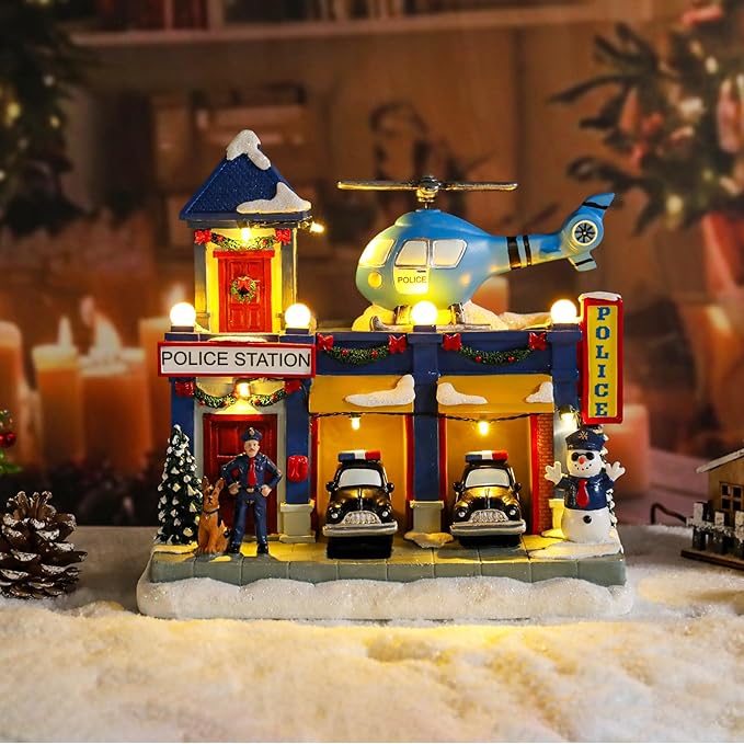 Bdor Christmas Police Station Decoration – Lighted Animated Holiday Village Scene with Helicopter and Police Cars – Plug-in Resin Christmas Tabletop Ornament – 9"x6.3"x9"