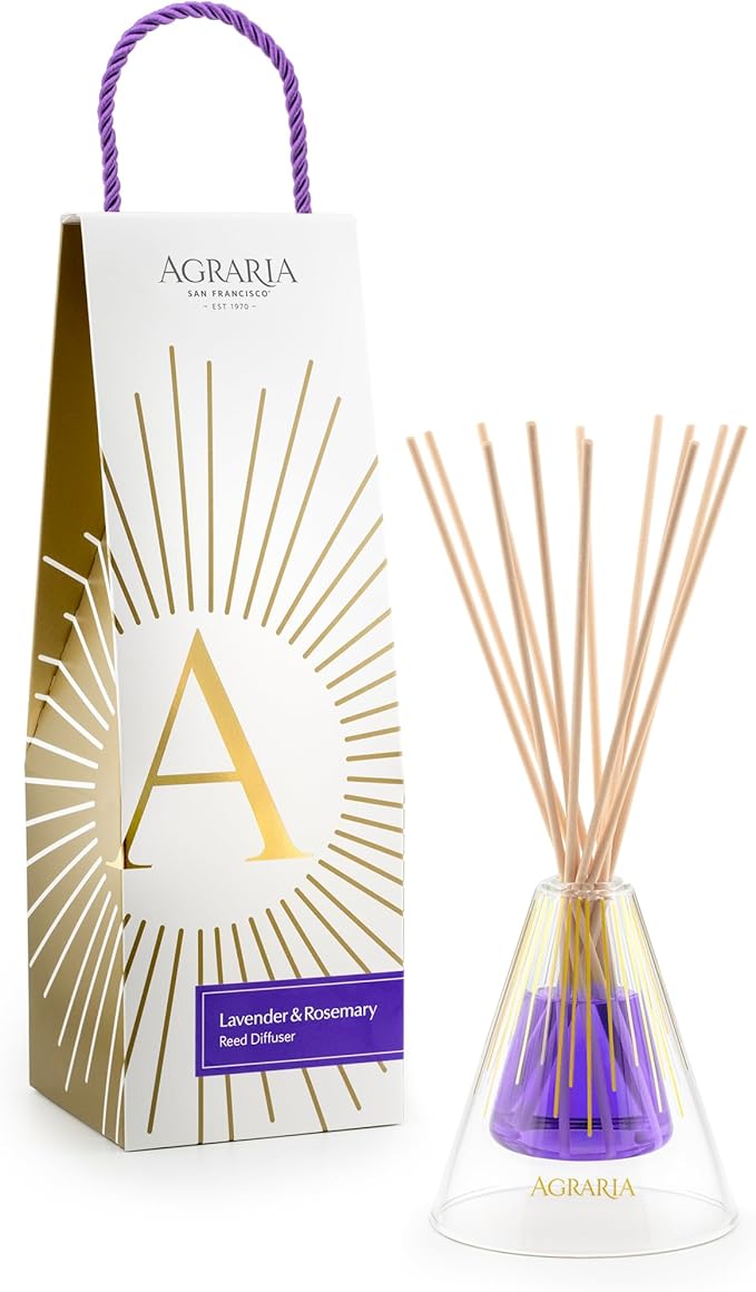 Agraria Lavender & Rosemary Reed Diffuser Set, 12 Reeds Essential Oil Scent Diffuser for Home Fragrance, Gift Box