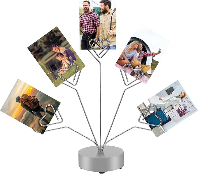 Desktop Heart-Shaped Photo Tree Style Holders Round Base,5-Branch Family Picture Frame Clips Holder Desk Card Display Stand for Christmas,Wedding, Birthday Party,Gift Silver