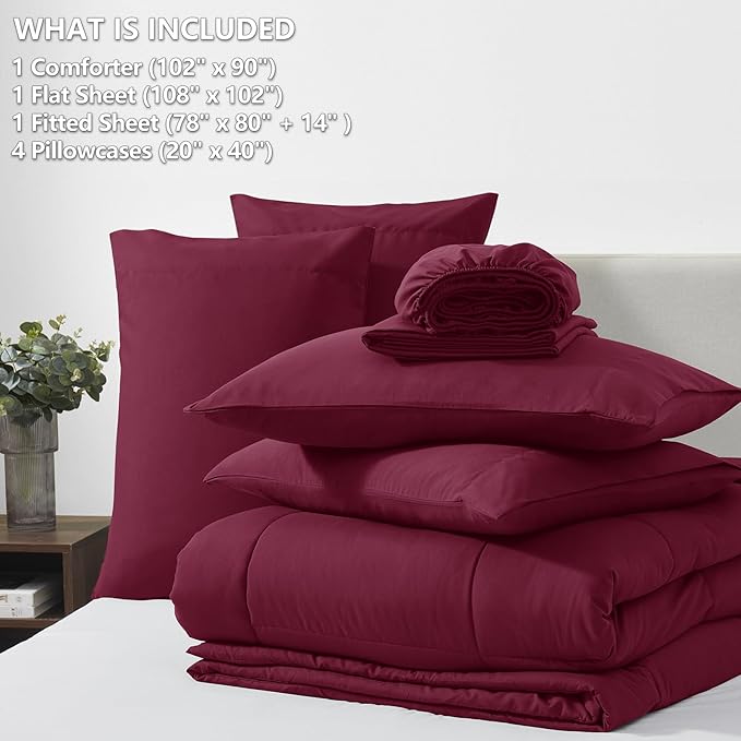 CozyLux King Size Comforter Set Burgundy, 7 Pieces Bed in a Bag, Red Comforter King Size, All Season Bedding Sets with Stitch Quilted Comforter, Flat Sheet, Fitted Sheet, Pillowcases
