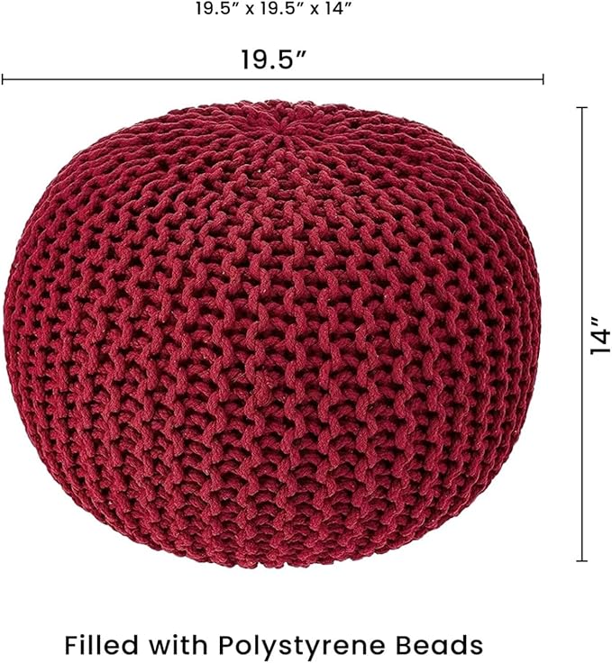 REDEARTH Round Pouf Ottoman - Hand Knitted Cable Boho Poof - Foot Stool Bean Bag - Home Décor Stuffed Footrest for Living Room - Nursery - Bedroom - 100% Cotton Poufs (19.5"x19.5"x14") - Red