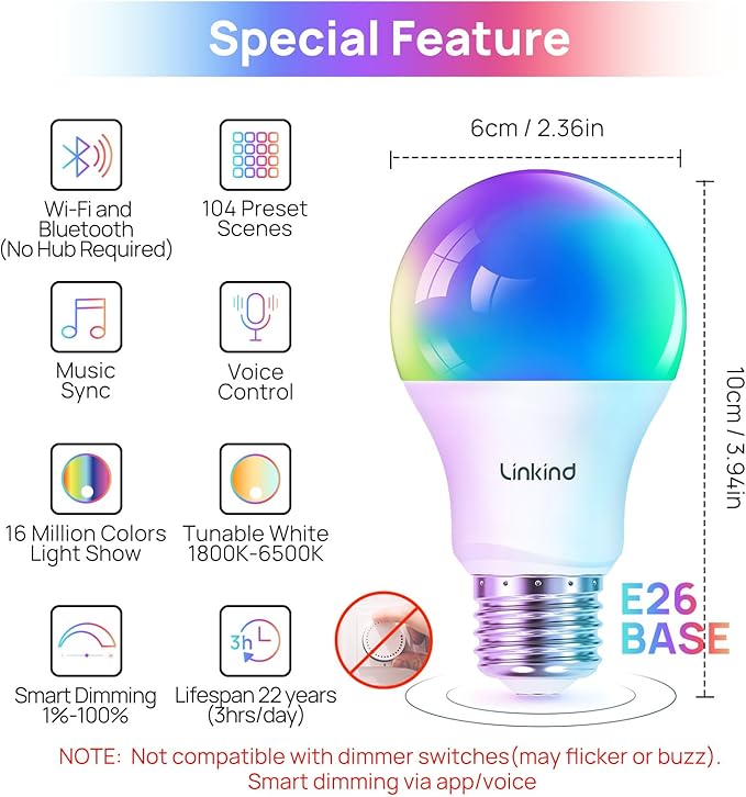 Linkind WiFi Smart Light Bulbs, Alexa Light Bulb Work with Alexa, Google Home, RGBTW 16 Million Color Changing Light Bulbs Dimmable, Mood Lighting, 2.4GHz Only, A19 E26 WiFi Bulb 60W 800LM 1 Pack