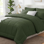 CozyLux King Size Comforter Set Olive Green, 7 Pieces Bed in a Bag, Green Comforter King Size, All Season Bedding Sets with Stitch Quilted Comforter, Flat Sheet, Fitted Sheet, Pillowcases