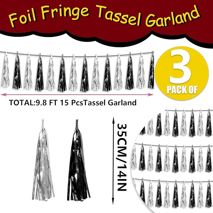 3P Black Silver Foil Fringe Metallic Tassel Streamers Banner Tassel Garland for Parade Floats, Graduation, Wedding, Birthday, Halloween, Christmas, Bridal/Baby Shower Party Decorations