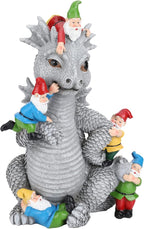 Dragon Gnome Statues Outdoor Decor, 13” Dinosaur Play with Gnomes Garden Statue, Outdoor Statue for All Season Lawn Decor, Garden Decoration, Gardening Gift