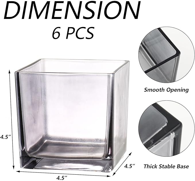 Square Grey Glass Vases Set of 6, 5" x 5" x 5" Flower Vases for Centerpieces, Square Vase for Centerpieces, Small Vase for Wedding, Party, Home Office Decoration