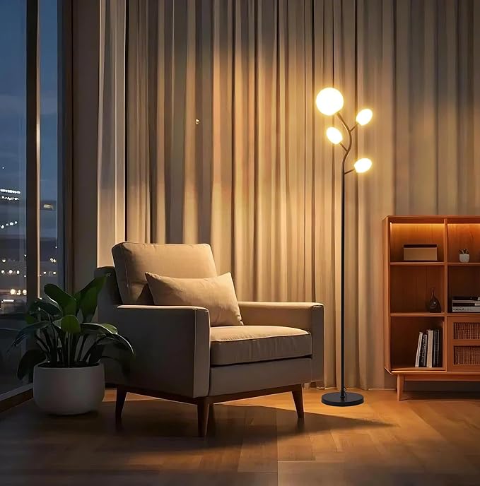 Fiqevs 4 Globe Floor Lamp with 2700K Warm Light LED Bulbs Included, Mid Century Modern Tree Standing Lamp with Frosted Glass Shade, Arc Torch Tall Lamp for Living Room, Bedroom, Office, Matt Black