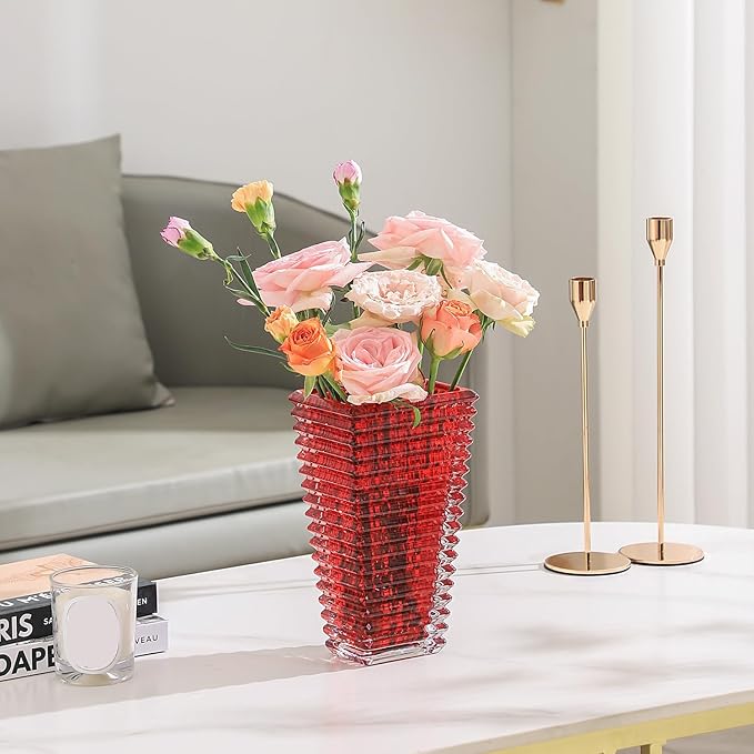 MCMCNCUIU Crystal Glass Vase, Large Crystal Vases for Flowers, Large Flower Vase, Red Modern Vases for Living Room, Bedroom, Kitchen, Dining Table, Mantle, Wedding, 11 Inches