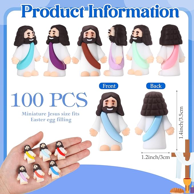 Bememo 100 Pcs Jesus Toys Original Design Mini Rubber Little Jesus Figurine to Hide and Seek Religious Party Favors Sunday School Craft Baptism Gifts for Easter Egg Stuffers (Colorful)