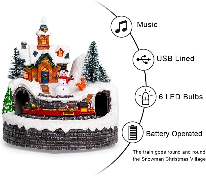 Animated Musical Christmas Village Figurines Christmas Collectibles Statues Church Building and Snowman with Rotating Train LED Lights, Battery & USB Home Decor Gifts Festive Holiday Decorations