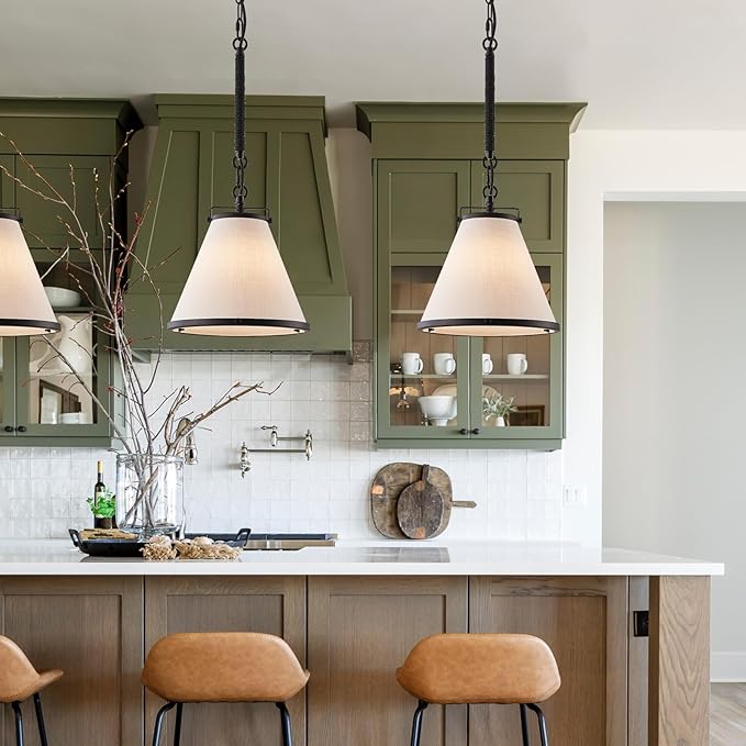 3-Pack Black Pendant Lights Kitchen Island Ceiling Pendant Light with Linen Lampshade 10in Transition Pendant Hanging Light with Chain for Kitchen Sink Entryway Hallway Dining Room