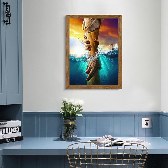 Solid Wood Framed Jesus Christ Canvas Wall Art The Hand of God Jesus Reaching Into Water Christian Painting Prints Biblical Wall Decor Religious Room Decor for Church Prayer Room Schools 12'' x 16''