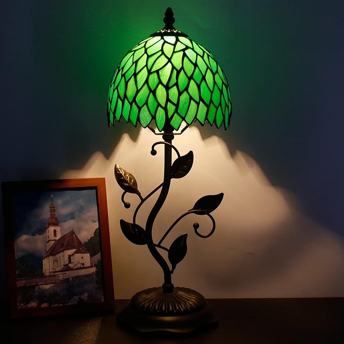 Small Tiffany Lamp Stained Glass Table Lamp Metal Leaf Accent Desk Memory Lamp Sympathy 8X20 Inch (Green Wisteria Leaves Style)