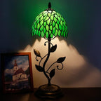 Small Tiffany Lamp Stained Glass Table Lamp Metal Leaf Accent Desk Memory Lamp Sympathy 8X20 Inch (Green Wisteria Leaves Style)