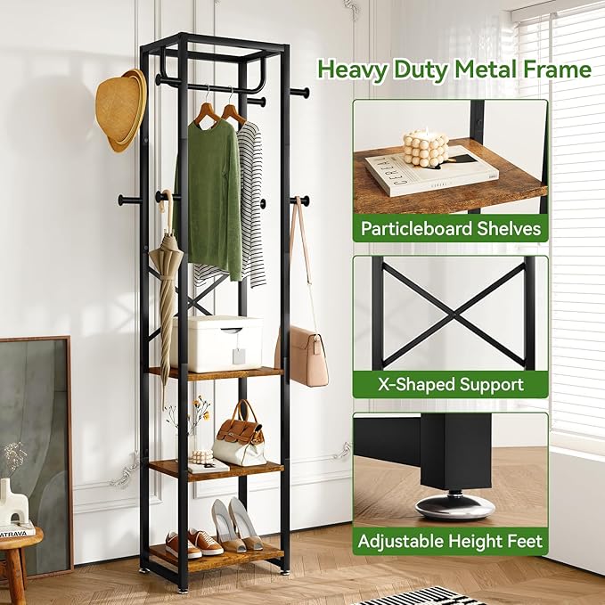 IBUYKE Coat Rack with Shelves, Freestanding Hall Tree with 3 Shelves and 8 Hooks, Industrial Clothes Stand for Entryway, Hallway, Bedroom, Rustic Brown UTMJ088H