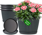 10 Inch Planter-Pots-for-Plants-Indoor-Outdoor, 4 Pack Plastic Flower Pots with Saucer & Drainage Holes, Modern Decorative Resin Garden Pots