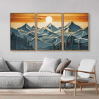 Tinonedraw Vintage Mountain Framed Canvas Wall Art Set of 3, Boho Nature Wilderness Art Prints, Mid Century Modern Ridge Scenery Wall Decor, Sunrise Forest Woodcut Style Art Paintings for Living Room Bedroom, Office 16"x24"