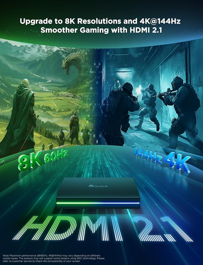 Govee HDMI 2.1 Sync Box 2, AI Sync Box with TV Backlight, Supports 8K@60Hz, 4K@144Hz, VRR and ALLM, Works with Matter and Alexa, RGBIC LED Light Strip for 55-65 inch TVs, 75 LEDs/m