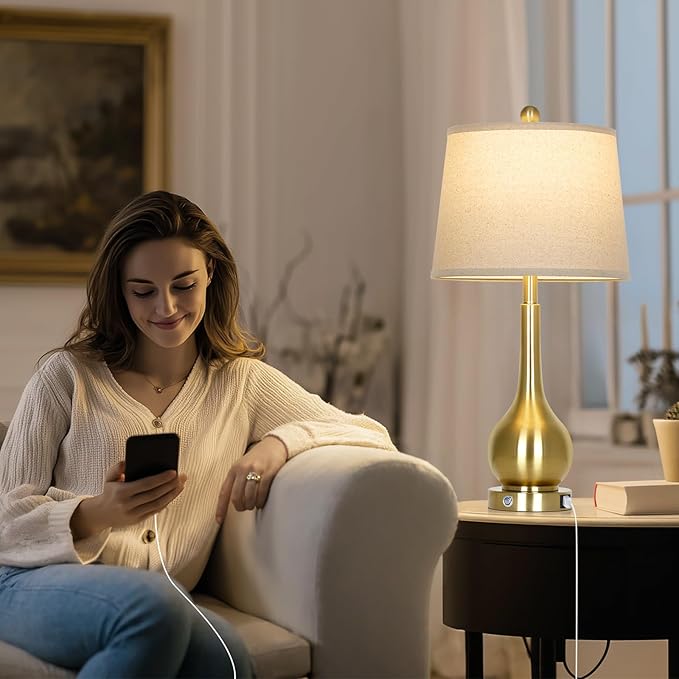 26" Gold Table Lamps Set of 2 for Living Room, Touch Control Bedroom Lamps for Nightstand, 3-Way Dimmable Bedside Lamp with USB A+C Port (2 LED Bulbs Included)