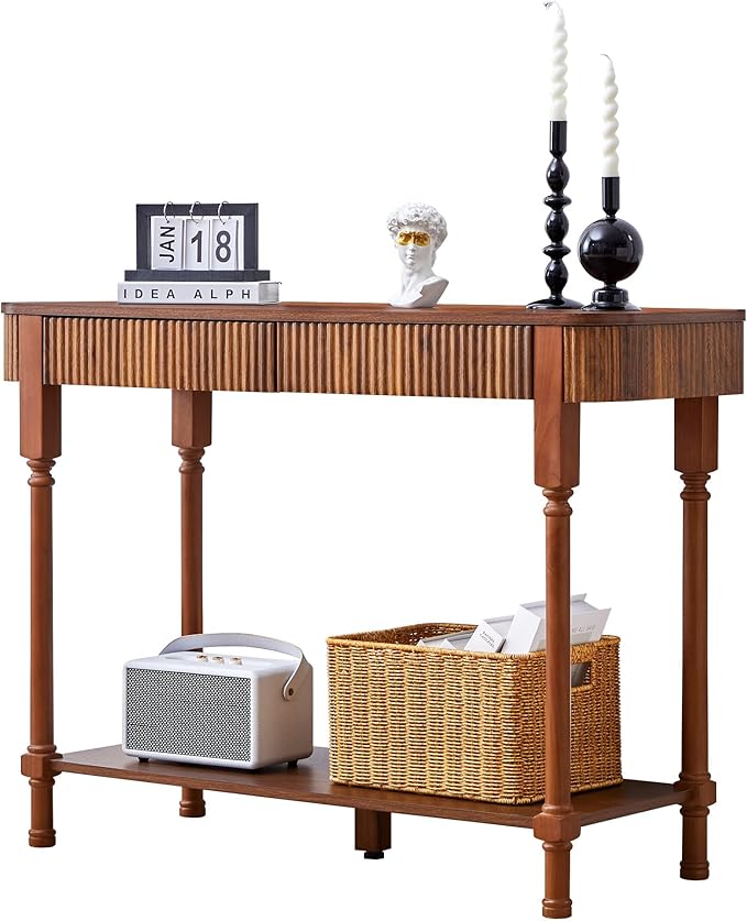 43.3” Console Table with 2 Drawers, Modern Entryway Table with Fluted Panel & Storage Shelf, Narrow Wood Behind Couch Sofa Table for Living Room, Foyer, Hallway(Walnut)