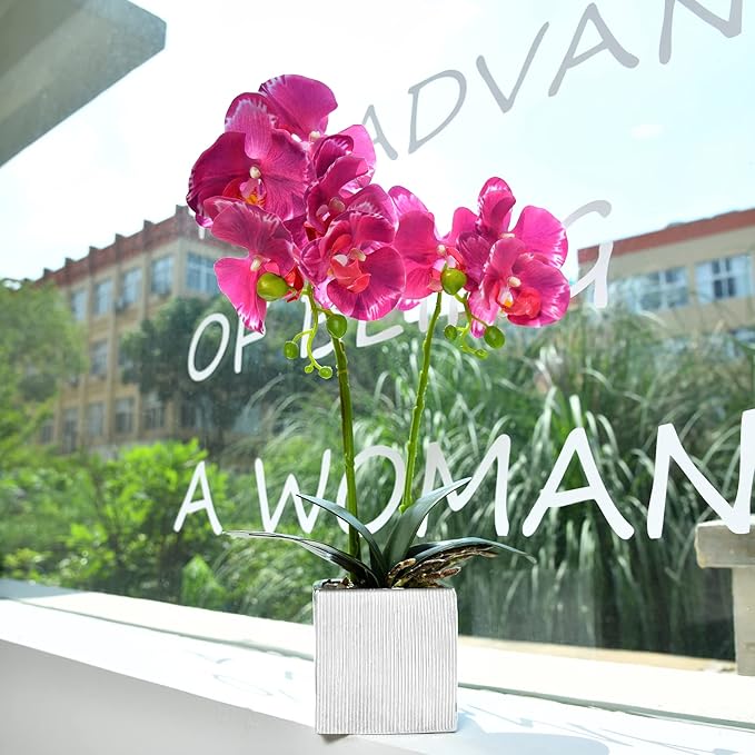 Artificial Potted Orchid Faux Phalaenopsis Silk Flowers Bonsai Realistic Arrangement in Silver Vase for Home Decoration Table Centerpiece, Purple