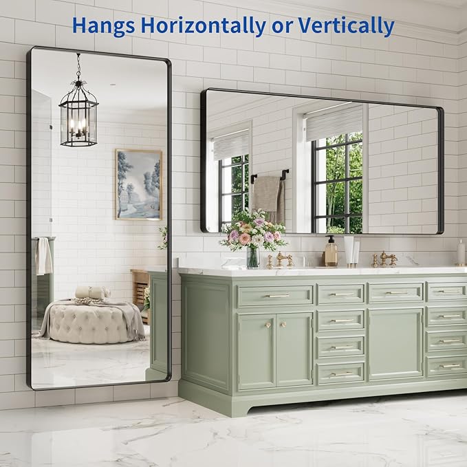 WEER Black Bathroom Mirror for Wall, 77X36 Inch Matte Black Mirror, Rectangular Black Metal Framed Vanity Mirror with Tempered Glass, Rounded Corner, Anti-Rust (Horizontal/Vertical)