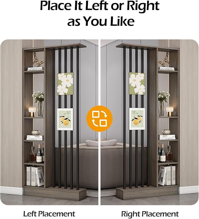 Wall Room Divider, Storage Cabinet Storage Display with Shelves, Modern Freestanding Wood Room Divider Screen, Wall Privacy Screens for Home Decorative (Grey Oak+Black,39.5" L x 9.5" W x 79.5" H)