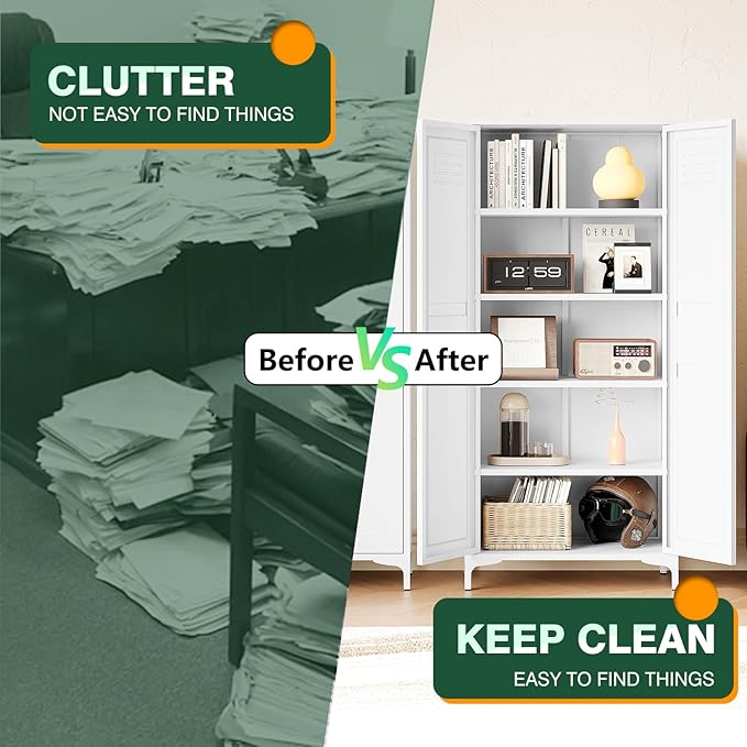 Letaya White Storage Cabinet with Feets-Metal Home Kitchen Pantry Cabinets with Doors and Adjustable Shelves,Organization Locker for Cupboard/Bedroom/Dining/Living/Bathroom/Office/Garage Room (White)