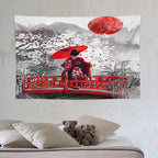 Japanese Red Geisha Tapestry Asian Cherry Blossom Red Sun Traditional Kimono Folk Tapestries Home Decor for Living Room Bedroom Apartment Farmhouse Dorm 60"x40"