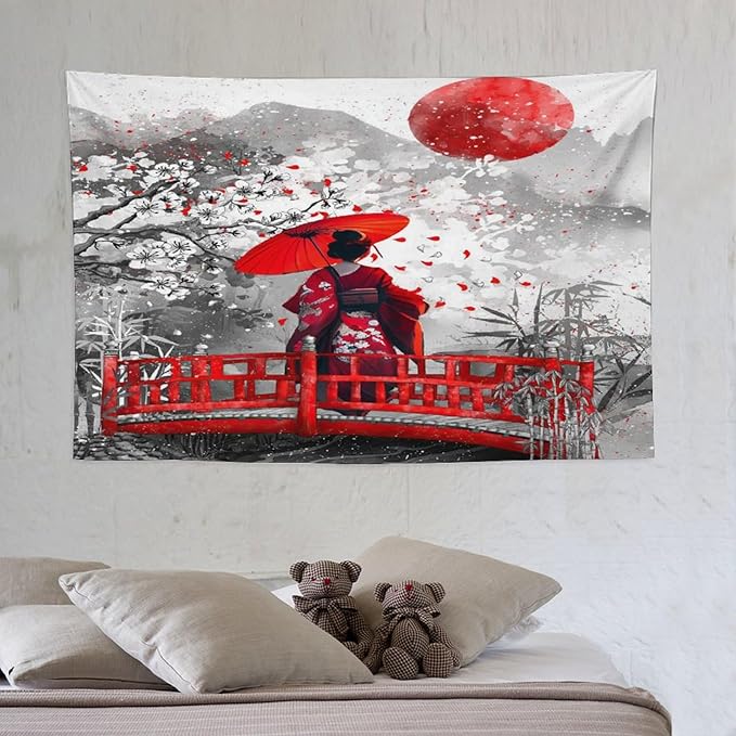 Japanese Red Geisha Tapestry Asian Cherry Blossom Red Sun Traditional Kimono Folk Tapestries Home Decor for Living Room Bedroom Apartment Farmhouse Dorm 60"x40"