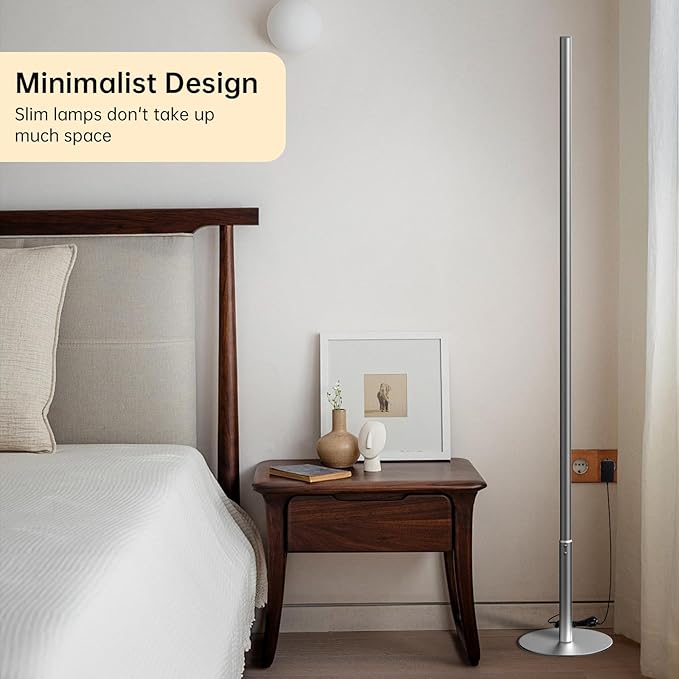 Marlrin Minimalist Corner Floor Lamp 2700K-6500K Dimmable with Remote Control 57.8" Height Metal Slim Ambient Standing LED Light Modern Design Decorative Lamp for Living Room Bedroom (Silver)