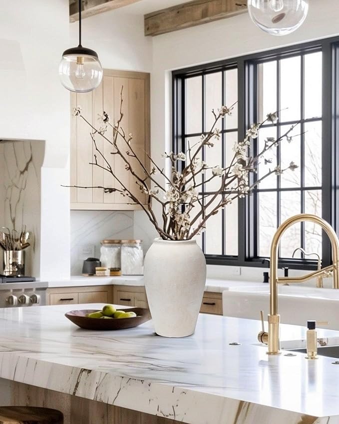 Handcrafted Terracotta Flower Vase, 9.6" Tall, Vintage White Ceramic, Rustic Antique Decor, Wide Mouth, Matte Finish for Home Office Resto Cafe