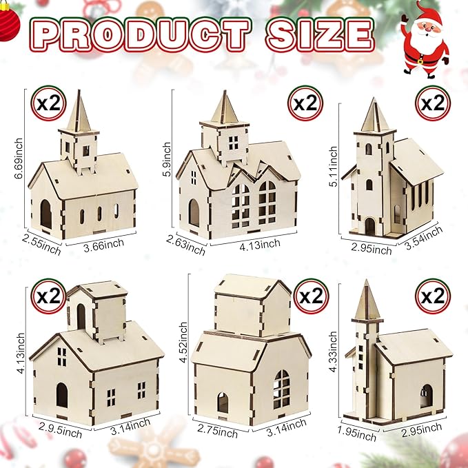 Hiboom 24 Pcs DIY Christmas Village Sets Wood Rustic Church Christmas Mini Wooden House Gift for Winter Xmas Party Crafts Decorations