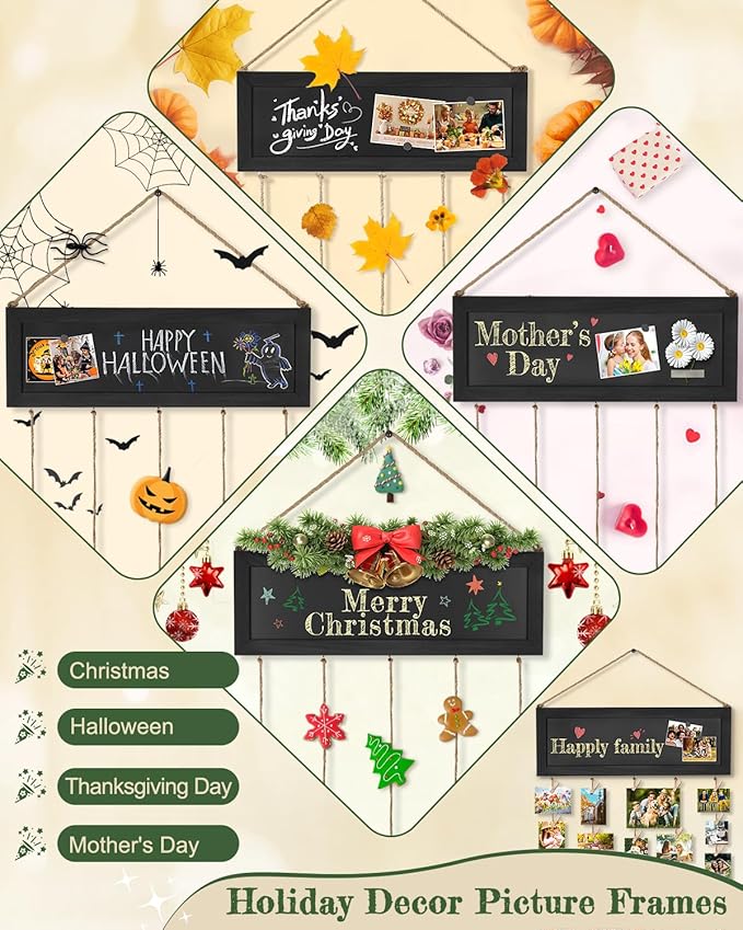 Bikoney Picture Frames Collage Wall Decor Photo Hanging Display Picture Board Wood Rustic Frames for Home Dorm Room Decor with Blackboard and 30 Clips Vintage Black