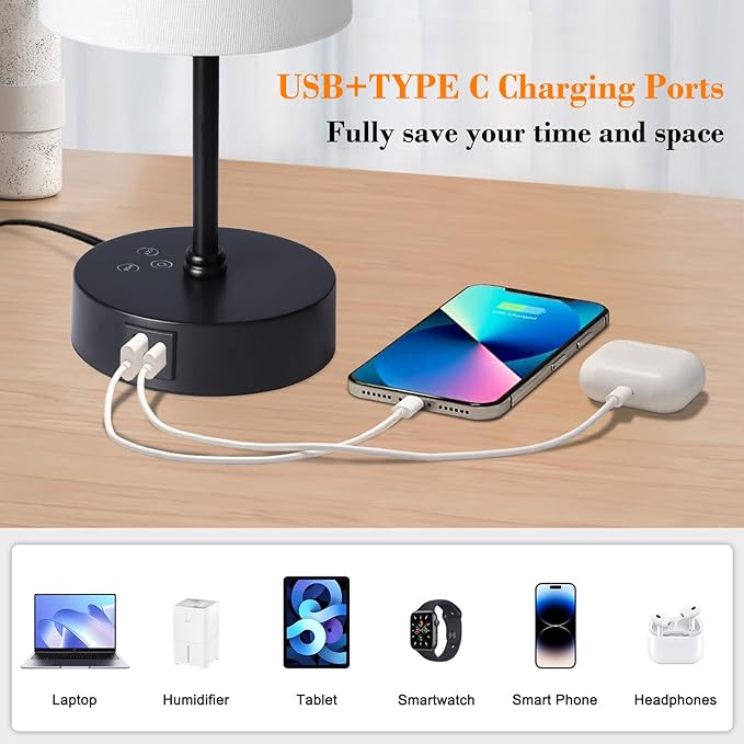 Ascher RGB Table Lamp Color Changing - 3 Color Temperatures and Stepless Dimmable Small Bedside Lamp for Bedroom, Touch Control Nightstand Light with Cream Shade for Reading Home Decor Lights