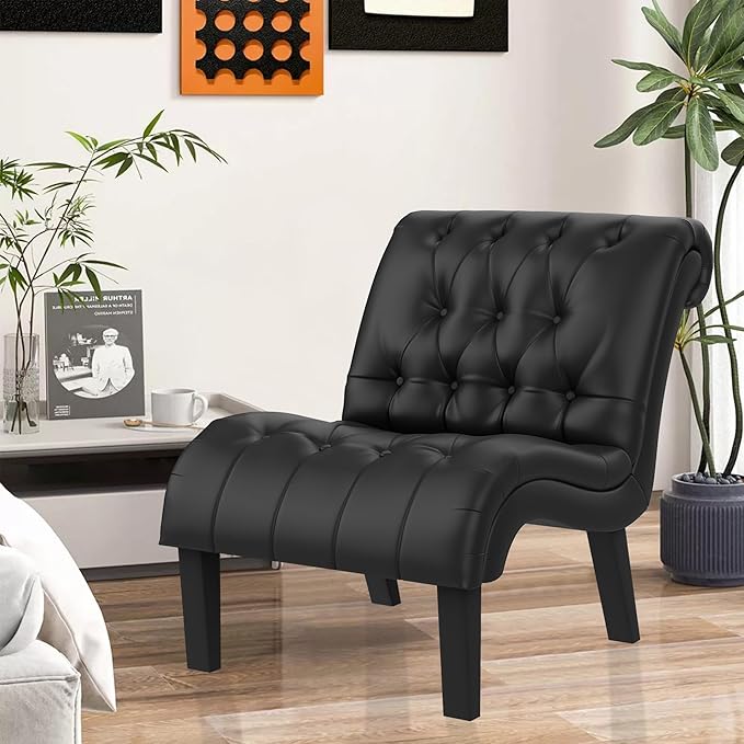 Yongqiang Black Faux Leather Accent Chair Modern Button Tufted Upholstered Armless Chair for Bedroom Living Room with Wood Legs