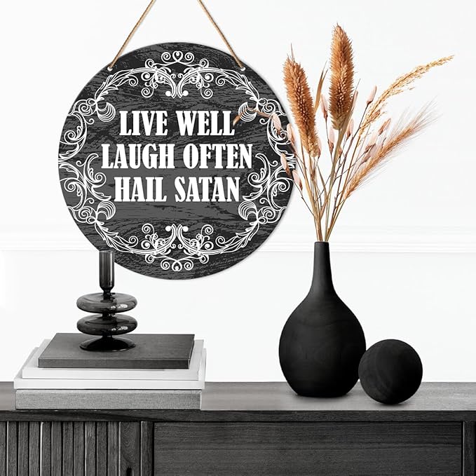 Muktoujaumai Gothic Wall Decor, Satanic Hanging Sign Decor Rustic Witchy Wall Decorations Sign for Gothic House, Living Room, Housewarming Gift for New House Home, Live Well Laugh Often
